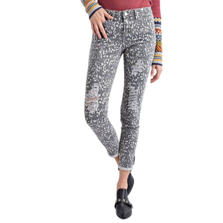 Distressed Leopard Capri Stretch Pant