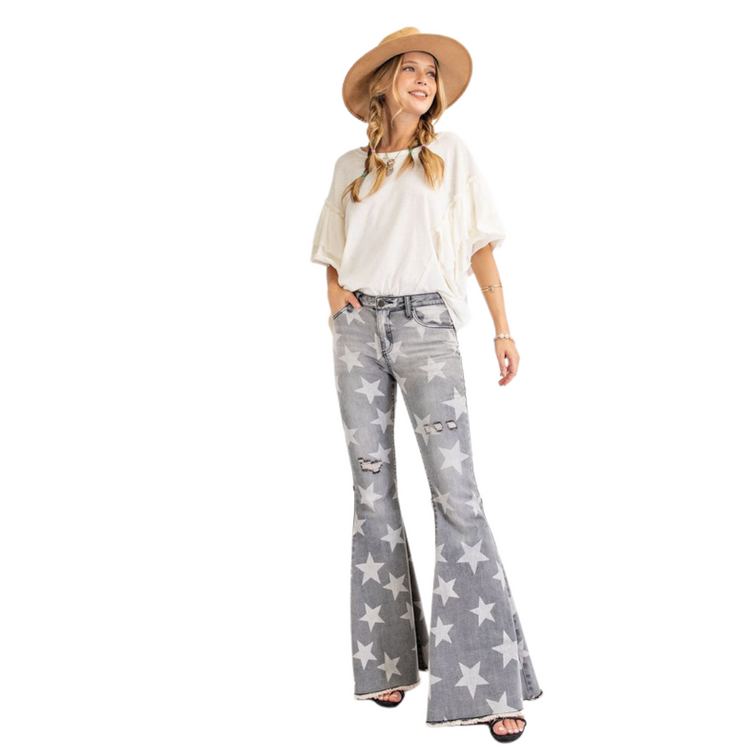 Faded Black Denim Star Stretch Bell Bottom Pants