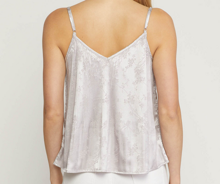 Mocha Gray Floral Jacquard V-Neck Pleated Tank Top.