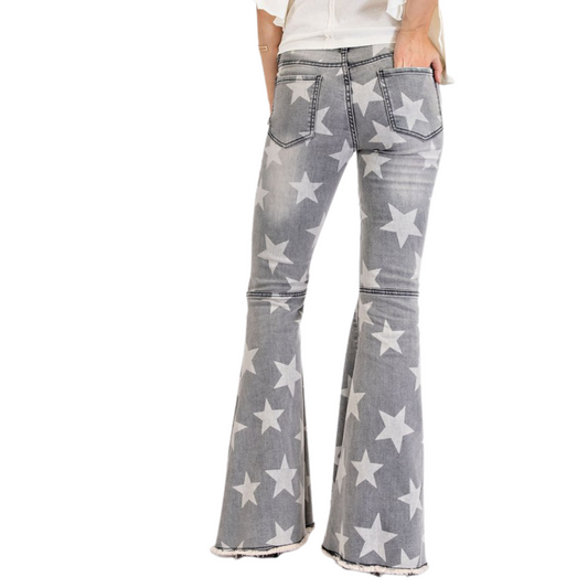 Faded Black Denim Star Stretch Bell Bottom Pants