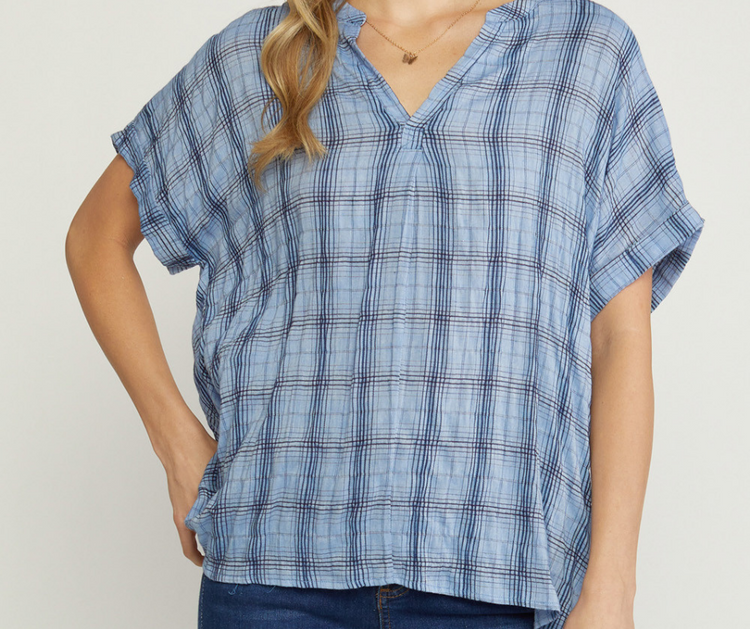 Blue Plaid Cuffed Sleeve V-Neck Top