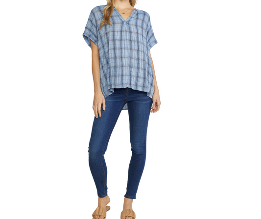 Blue Plaid Cuffed Sleeve V-Neck Top