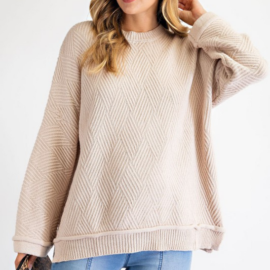 Textured Striped Diamond Patterned Cream Sweater