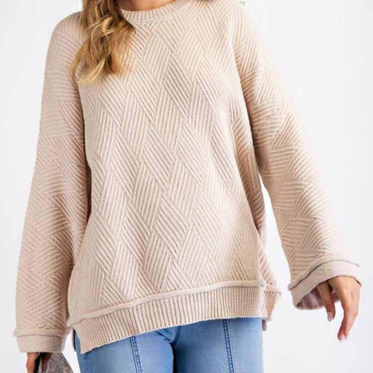 Textured Striped Diamond Patterned Cream Sweater