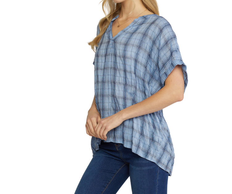 Blue Plaid Cuffed Sleeve V-Neck Top