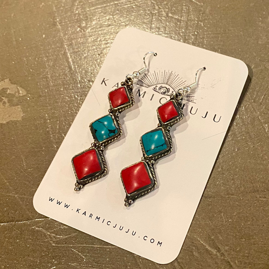 Turquoise, Coral, and Brass Triple Diamond Shaped Drop Earring from India