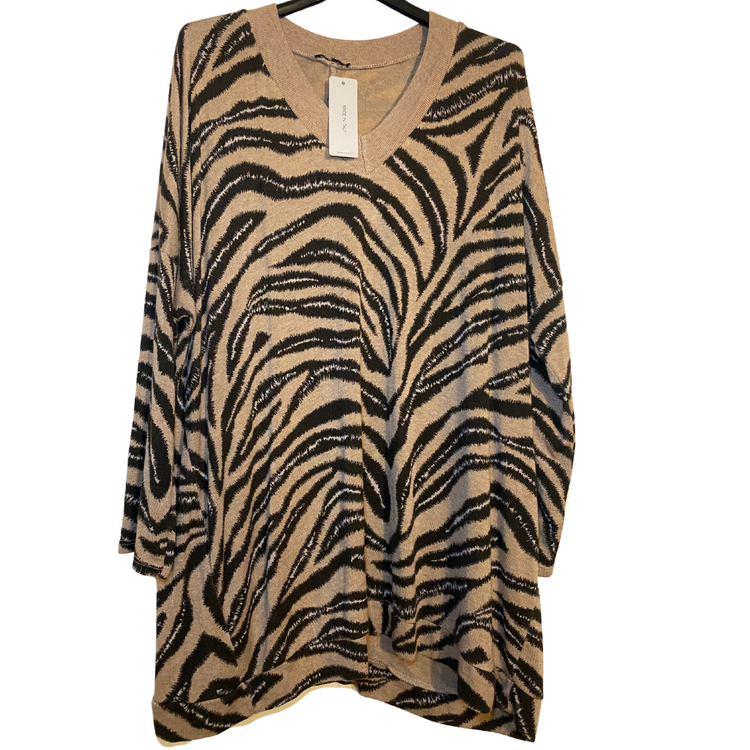 Italian Brown Black Zebra Animal Print Long Sleeve Thin Sweater Shirt Dress