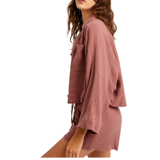 Light Plum Mauve Gauze Button Down Top with Shorts Set