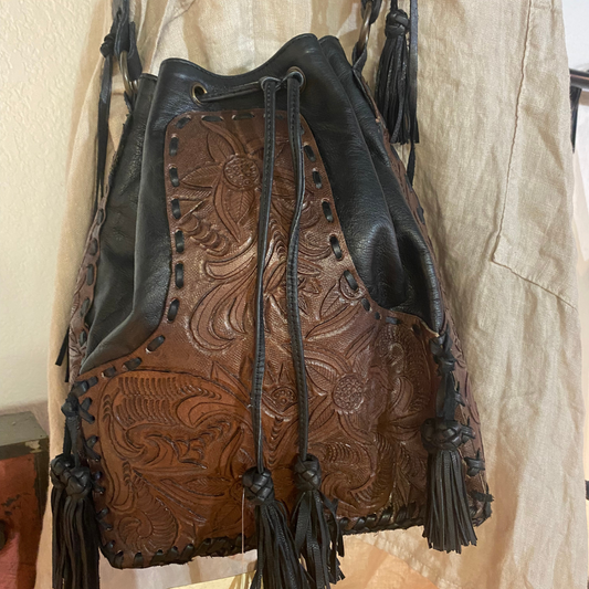 Black and Brown Tooled Leather Draw String Handbag Purse