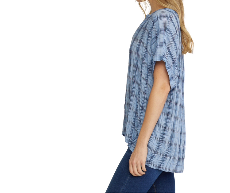 Blue Plaid Cuffed Sleeve V-Neck Top