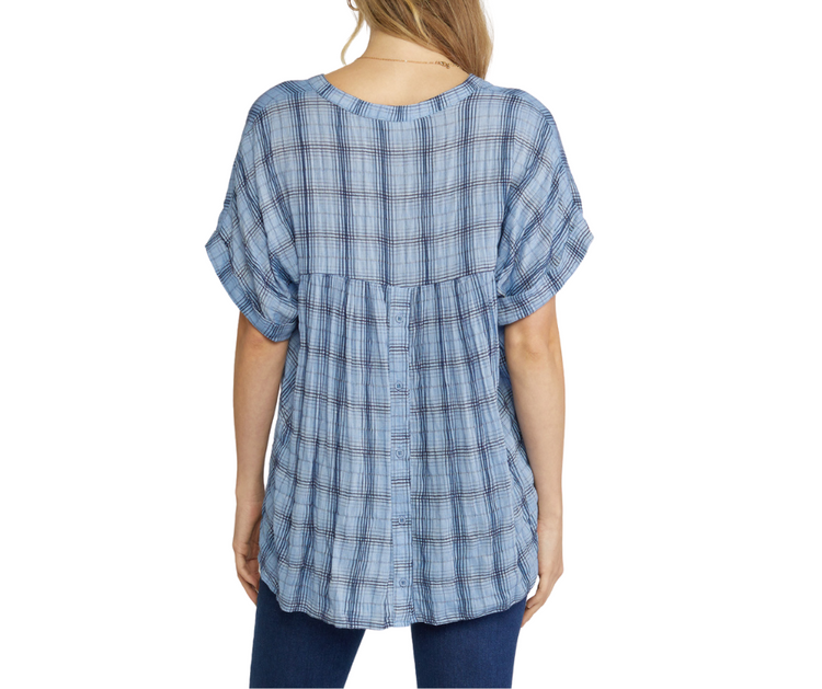 Blue Plaid Cuffed Sleeve V-Neck Top