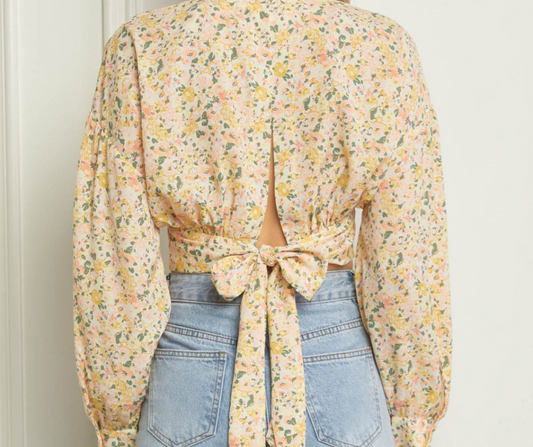 Floral Long Sleeve Cropped Top with Back Tie