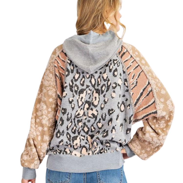 Multi Animal Block Textured Hoodie Sweater