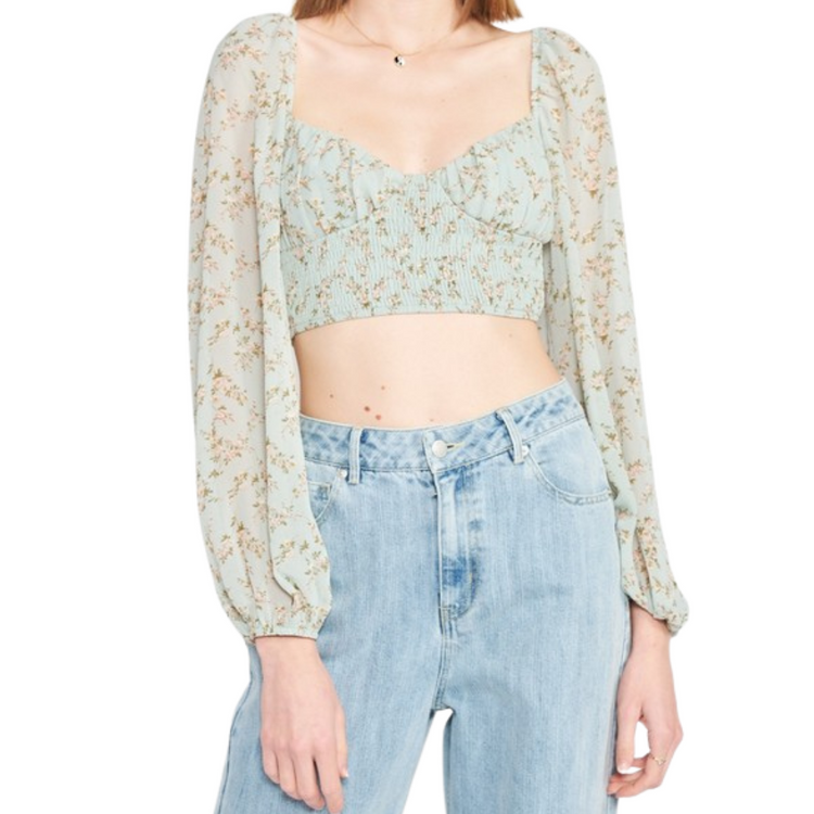 Sage w/ Dainty Floral Print Long Sleeve Square Neck Smocked Crop Top