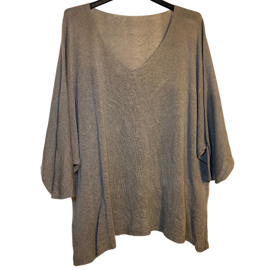 Italian V-Neck Oversized Taupe Dolman Sleeve Thin Sweater