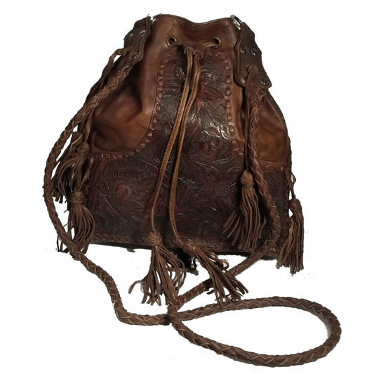 Brown Tooled Leather Draw String Handbag Purse