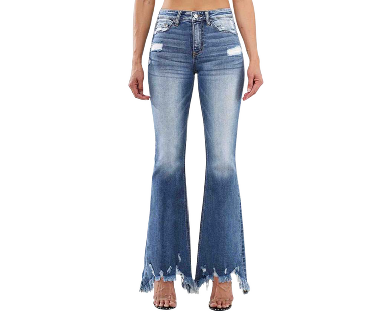 Ceros Distressed Jagged Edge Mid Rise Flare Bell Bottom Stretch Jeans