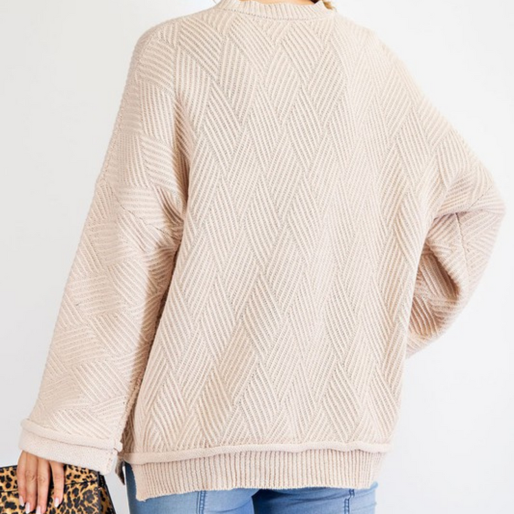 Textured Striped Diamond Patterned Cream Sweater