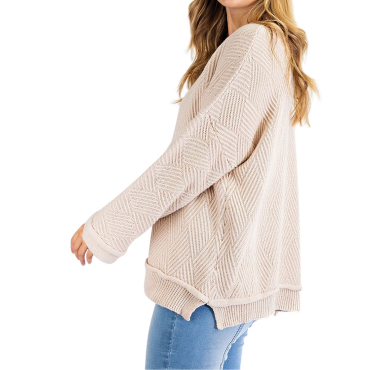 Textured Striped Diamond Patterned Cream Sweater