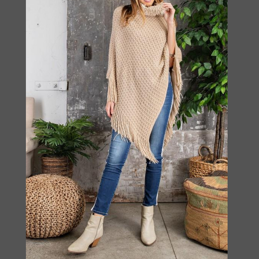 Cowl Neck Fringe Poncho Sweater