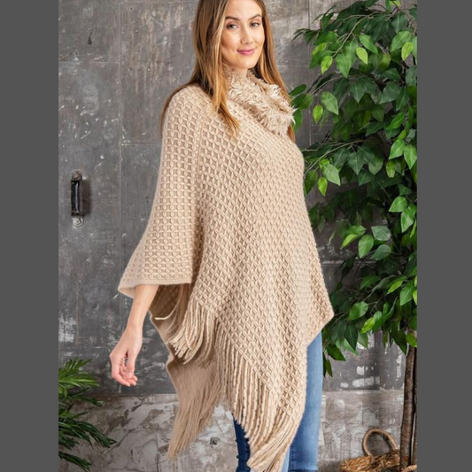 Cowl Neck Fringe Poncho Sweater