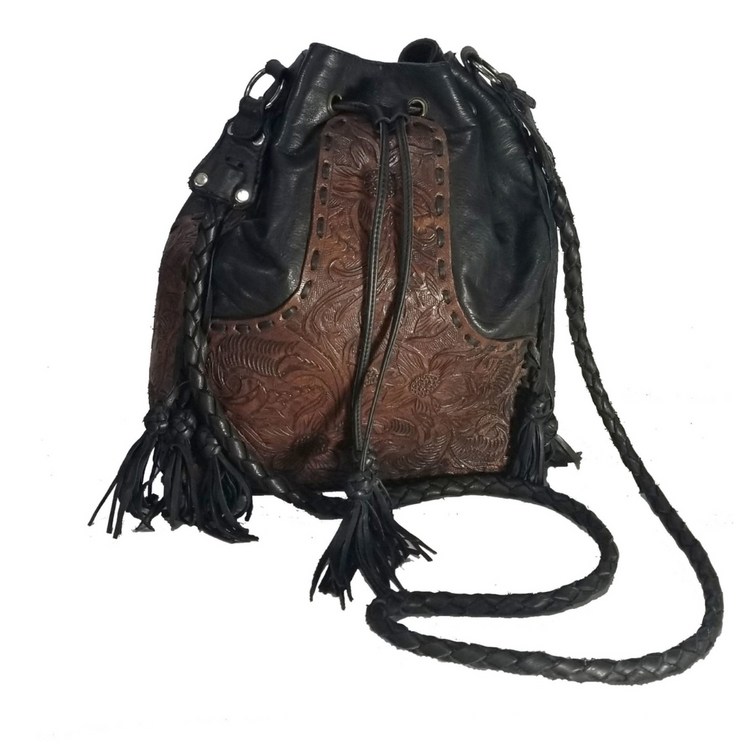 Black and Brown Tooled Leather Draw String Handbag Purse