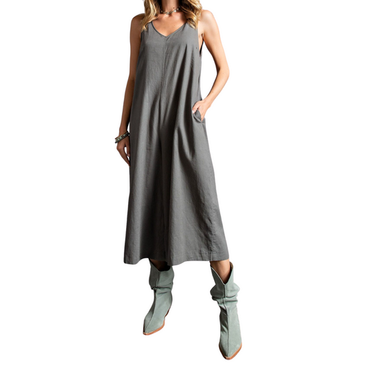 Smoke Gray Linen Sleeveless V-Neck Baggy Jumpsuit