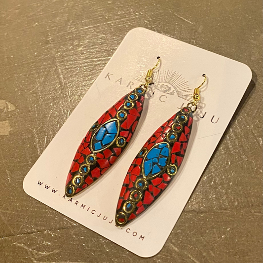 Coral and Turquoise Drop Earring with Brass Circle Detail from India