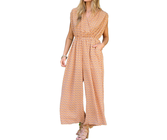 Printed Orange Brown Cream V Neck Wide Leg Jumpsuit with Pockets