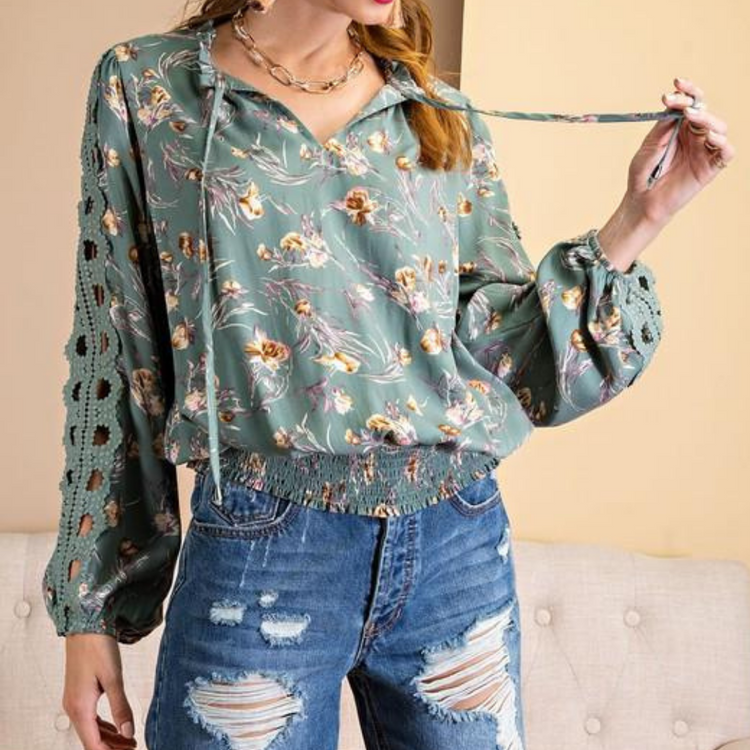 Floral Loose Blouse with Crochet Eyelet Sleeve Detail