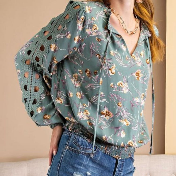 Floral Loose Blouse with Crochet Eyelet Sleeve Detail