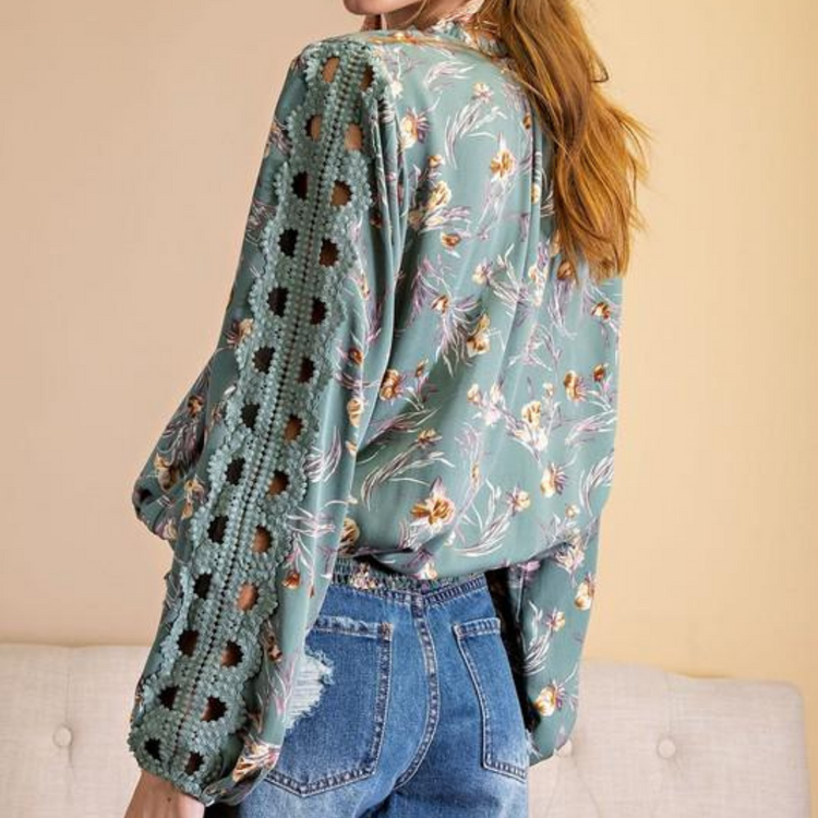 Floral Loose Blouse with Crochet Eyelet Sleeve Detail