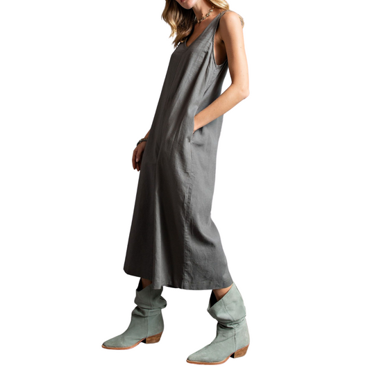 Smoke Gray Linen Sleeveless V-Neck Baggy Jumpsuit