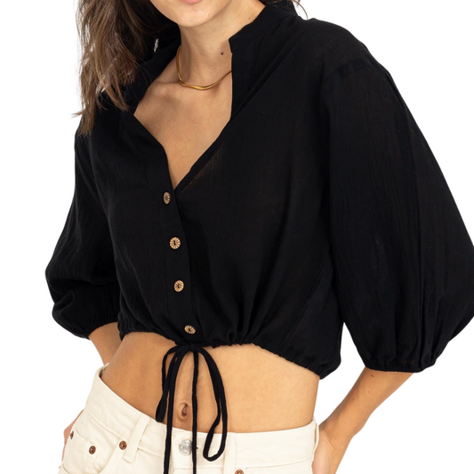 Black V-Neck Button-Front Drawstring Cropped Top