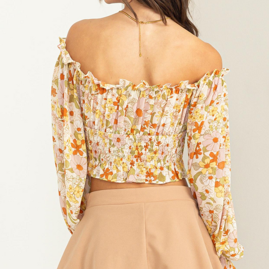 Flirty Floral Off-Shoulder Smocked Bodice Top with Ruffle Trims and Balloon Long Sleeves