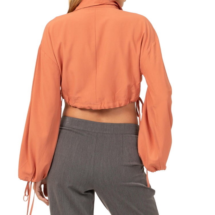 Flirty Long Sleeve Rust Drawstring Cropped Top with Front Pockets