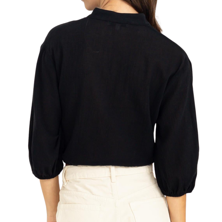 Black V-Neck Button-Front Drawstring Cropped Top