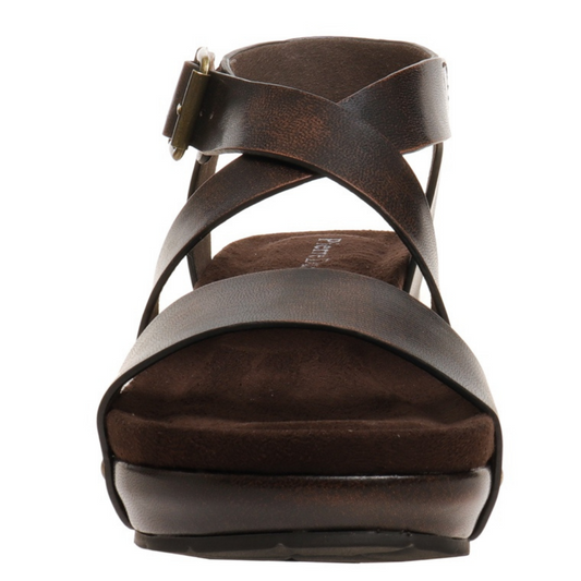 Brown Faux Leather Thick Strappy Wedge Sandal