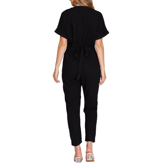 Short Sleeve Woven V Neck Jumpsuit With Waist Tie Detail