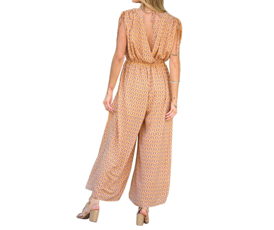 Printed Orange Brown Cream V Neck Wide Leg Jumpsuit with Pockets