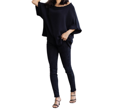 Black Cotton Gauze Pancho Top with Raw Edge