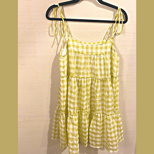 Lime & White Check Tie Shoulder Tiered Baby Doll Mini Dress