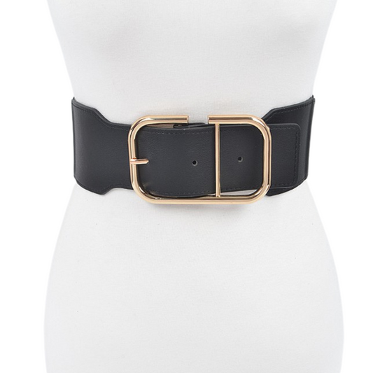 Black or Nude Thick Banded Elastic Stretch Belt with Slim Gold Buckle