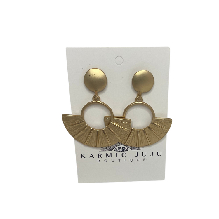 Gold Circle with Textured Fan Bottom Detail Drop Earrings with Circle Stud