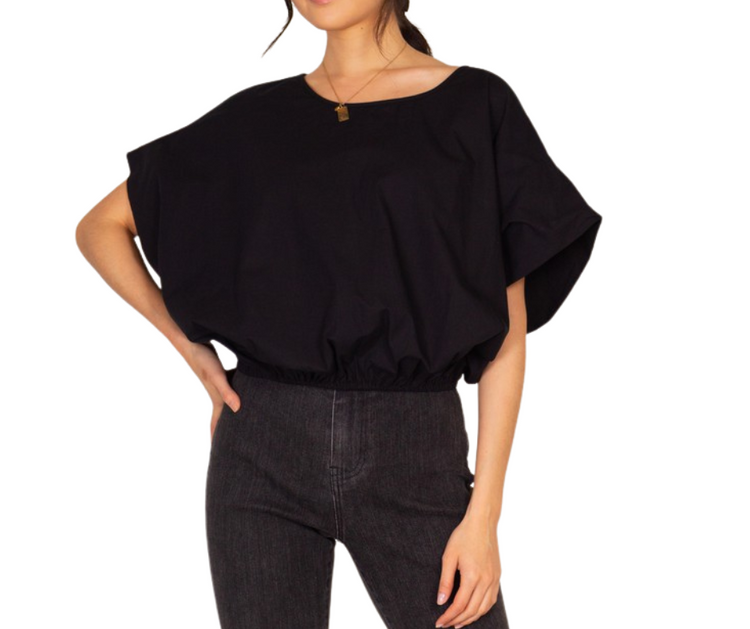 Short Sleeve Black Billowy Poplin Top with Elasticized Crop Hem