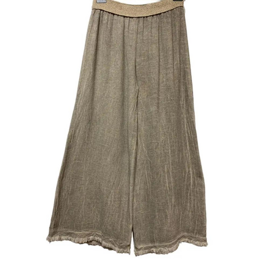 Italian Khaki Brown Flowy Linen Pants with Elastic Waist