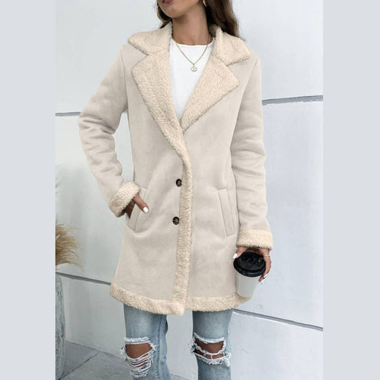 Cream Bone Faux Suede Jacket with Sherpa Collar, Trim and Cuffs