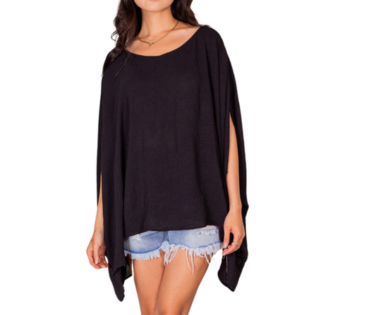 Black Cape Style Top with Draped Flowy Silhouette