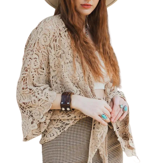 Mocha Floral Crochet Kimono Cover Wrap with Sleeves