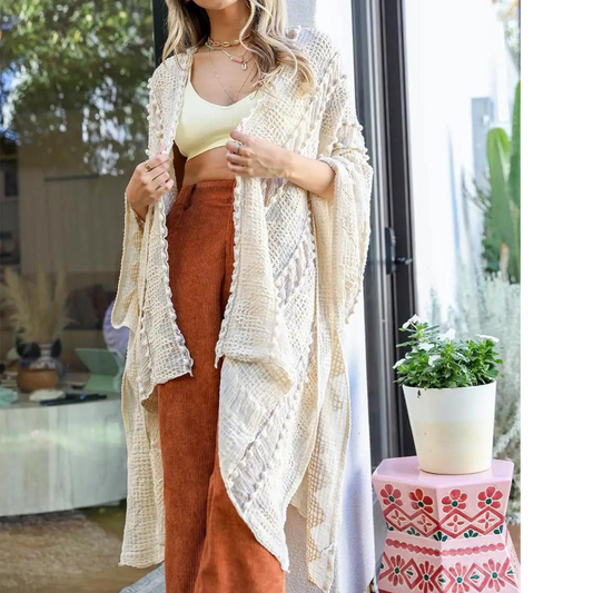 Creamy Embroidered Open Weave Pattern Kimono Pancho